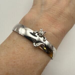 Vintage SARAH COVENTRY Cat Hanging Off Cuff Bracelet Silver Tone